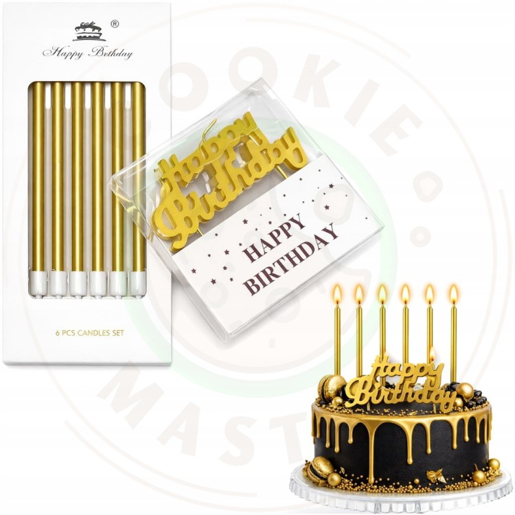 ŚWIECZKI URODZINOWE PROSTE DEKORCYJNE NA TORT ZŁOTE 6 szt + Happy Birthday