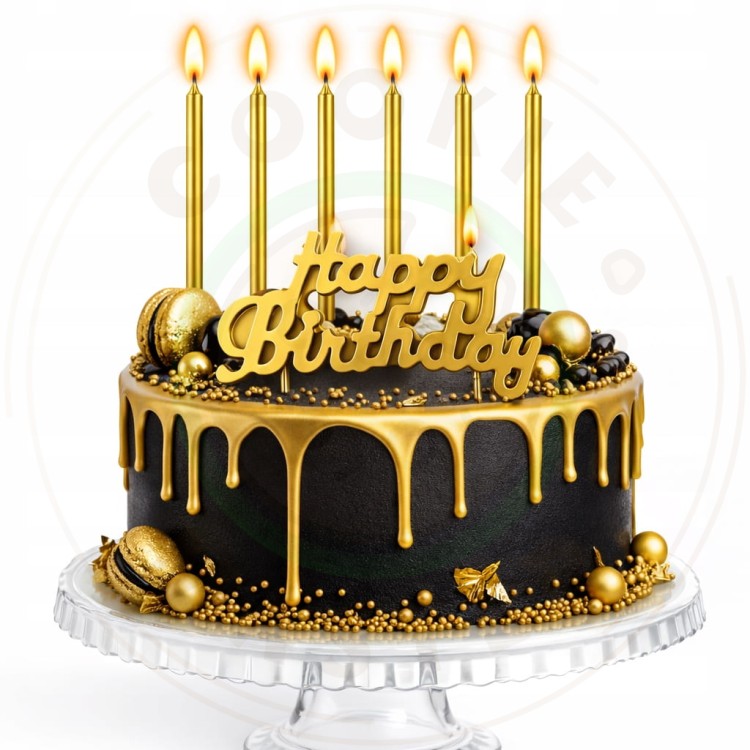 ŚWIECZKI URODZINOWE PROSTE DEKORCYJNE NA TORT ZŁOTE 6 szt + Happy Birthday