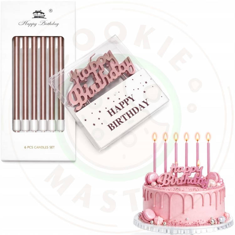 ŚWIECZKI URODZINOWE PROSTE DEKORCYJNE NA TORT RÓŻOWE 6 szt + Happy Birthday