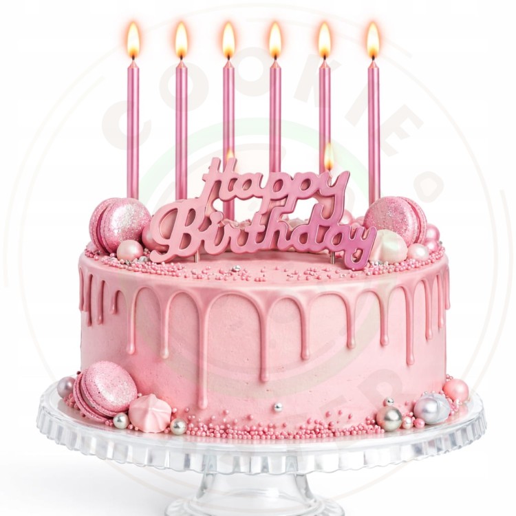 ŚWIECZKI URODZINOWE PROSTE DEKORCYJNE NA TORT RÓŻOWE 6 szt + Happy Birthday