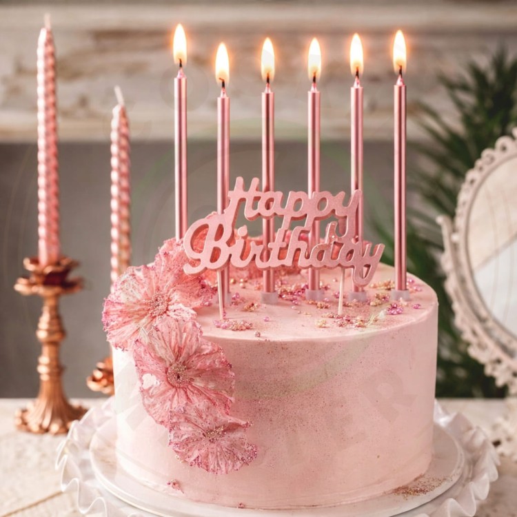 ŚWIECZKI URODZINOWE PROSTE DEKORCYJNE NA TORT RÓŻOWE 6 szt + Happy Birthday