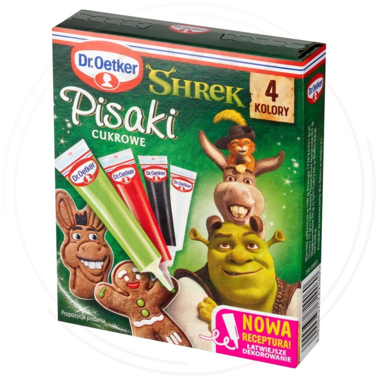 Dr. Oetker KOLOROWE PISAKI SPOŻYWCZE Cukrowe SHREK ZESTAW 4 kolory 68g