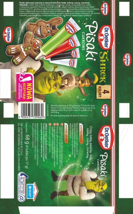 Dr. Oetker KOLOROWE PISAKI SPOŻYWCZE Cukrowe SHREK ZESTAW 4 kolory 68g