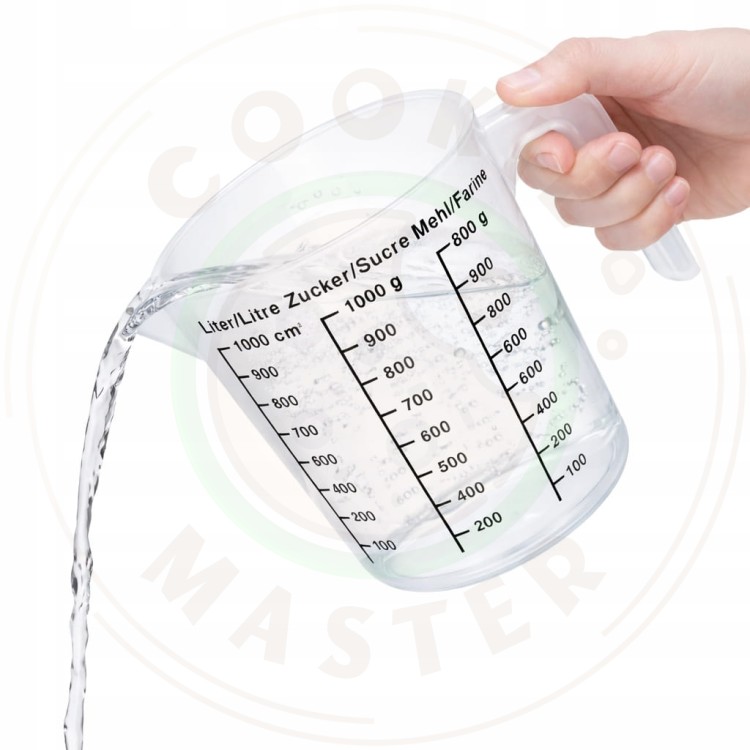 MIARKA DZBANEK KUCHENNY Z PODZIAŁKĄ LEJKIEM KUBEK POJEMNIK PLASTIKOWY 1L