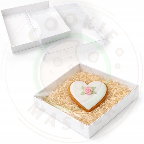 PUDEŁKO PRZEZROCZYSTE KARTONIK NA PREZENTY CIASTKA PIERNIKI BIAŁE 15×15×2cm